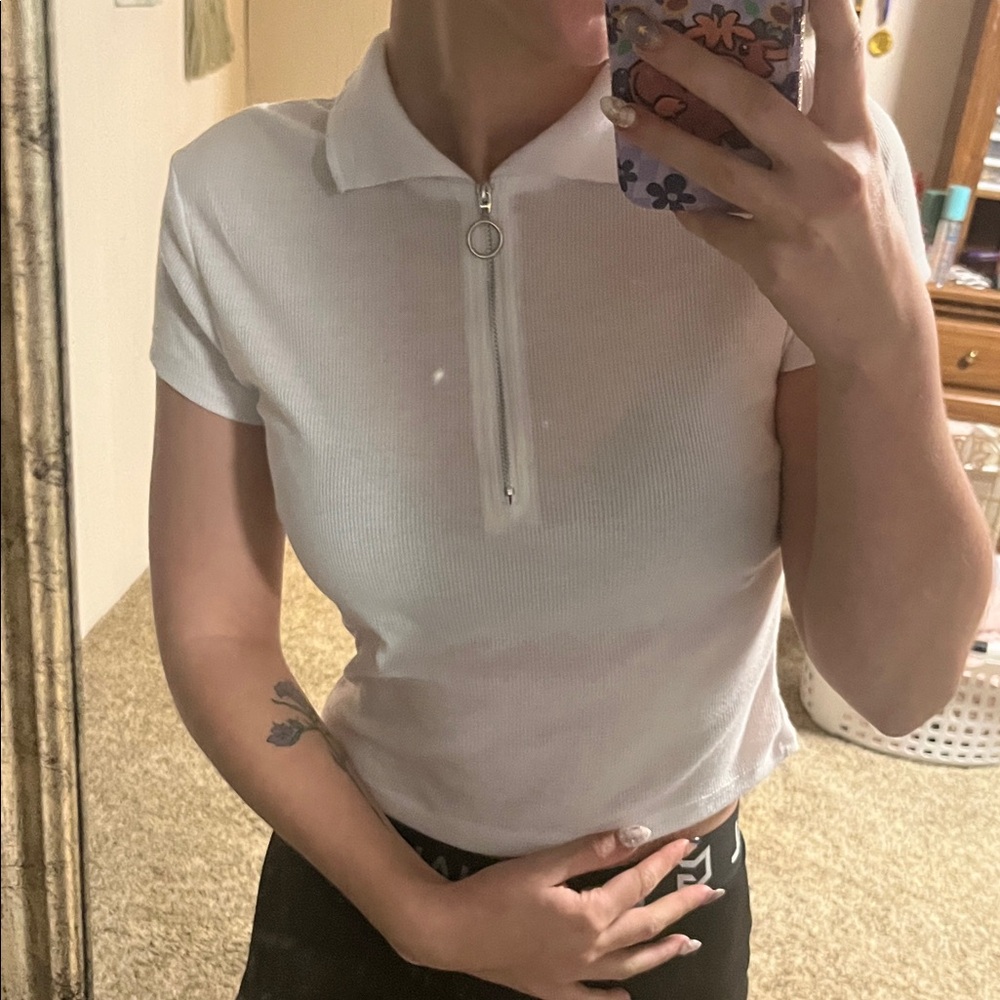 White Zip-Up Polo Top